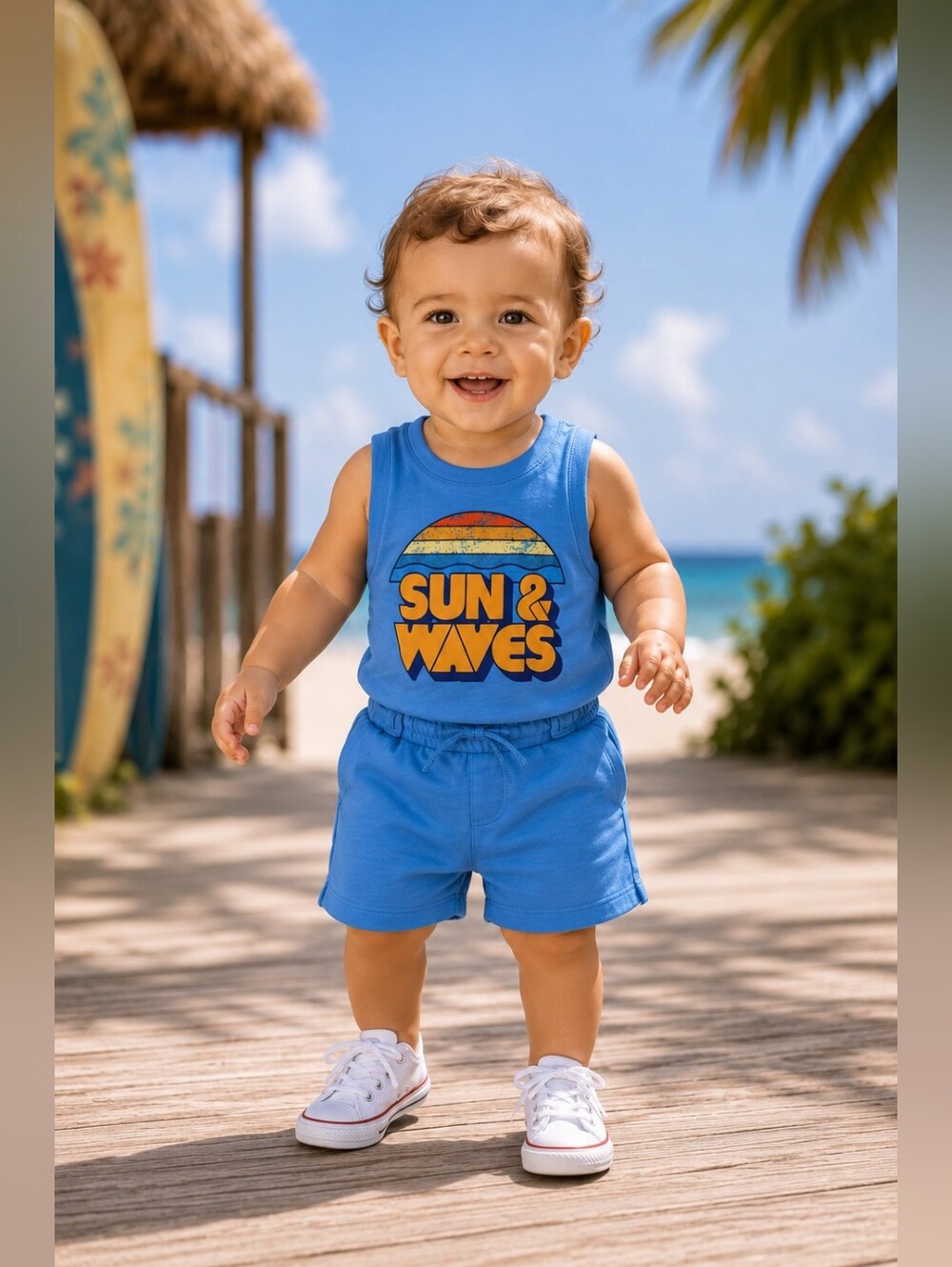 Wonder Nation Baby Boys Blue "Sun & Waves" Tank Top and Shorts Outfit Size 12M
